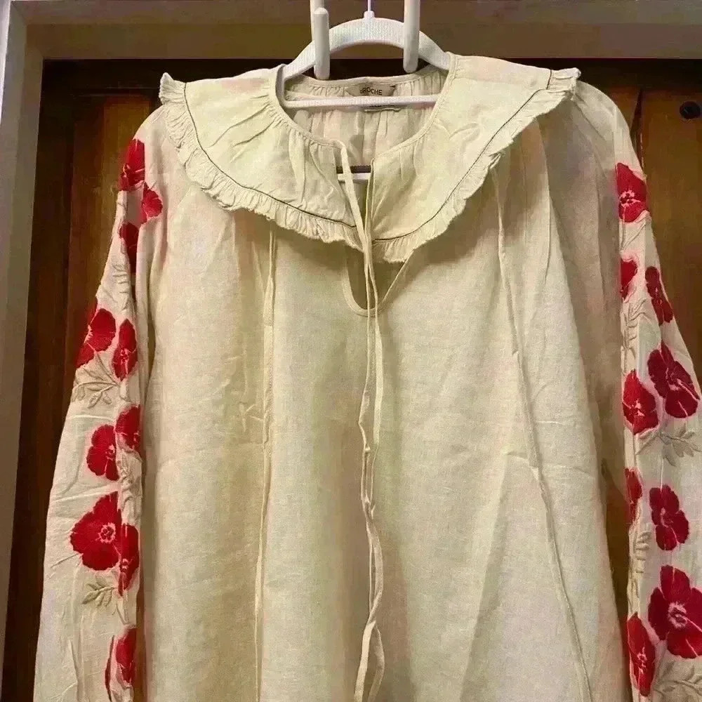 St Roche Gauze Full Length Flower Embroidered Sleeve Blouse- Size 8 - Picture 12 of 14